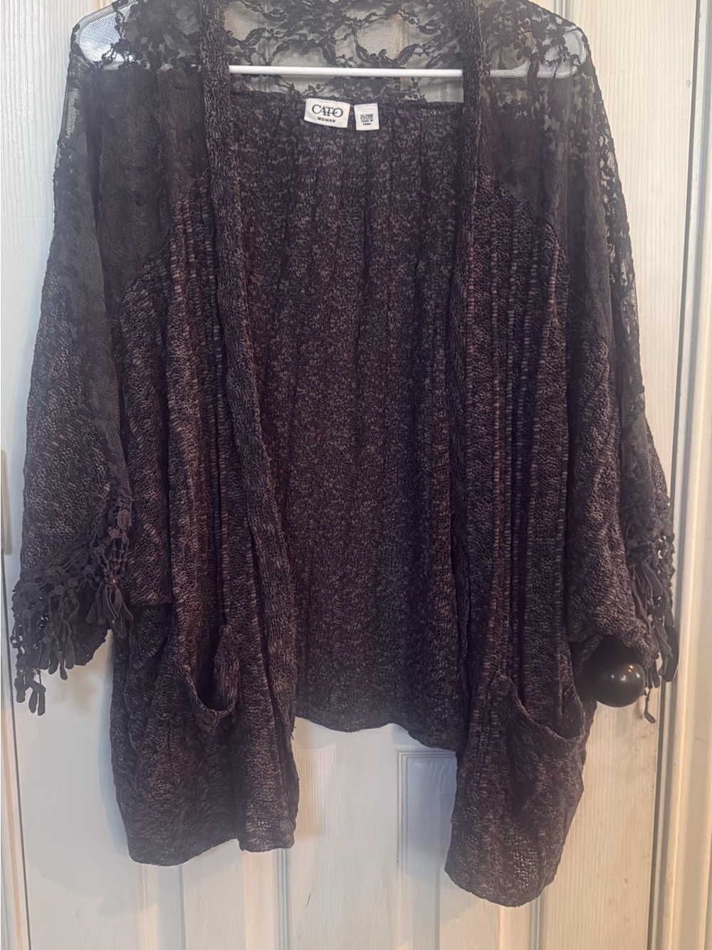 Cato Dark Brown Lace-Trim Pocket Cardigan